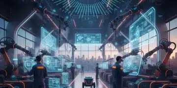 Fábrica industrial moderna en España con tecnología 5G e IoT, optimizando la producción.
