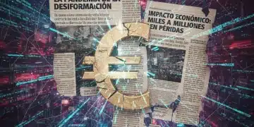 Gráfico que ilustra la fragmentación del periodismo español debido a las fake news y el impacto económico negativo.