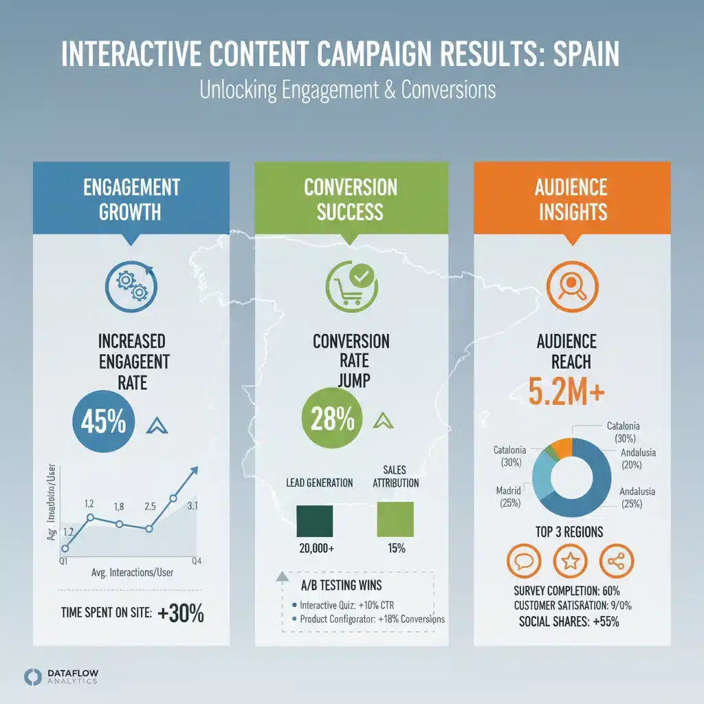 Infografía detallada mostrando métricas de éxito de una campaña de contenido interactivo.
