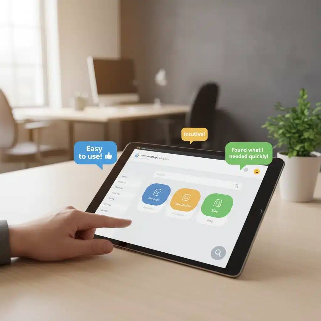 Mano de usuario interactuando con una tablet que muestra una interfaz web intuitiva y feedback positivo.