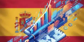 Gráfico de datos digitales con elementos periodísticos, representando la monetización del periodismo de datos en España.