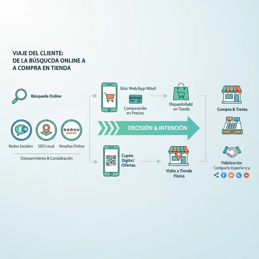 Infografía del recorrido del cliente digital hasta la compra en tienda física para negocios españoles.