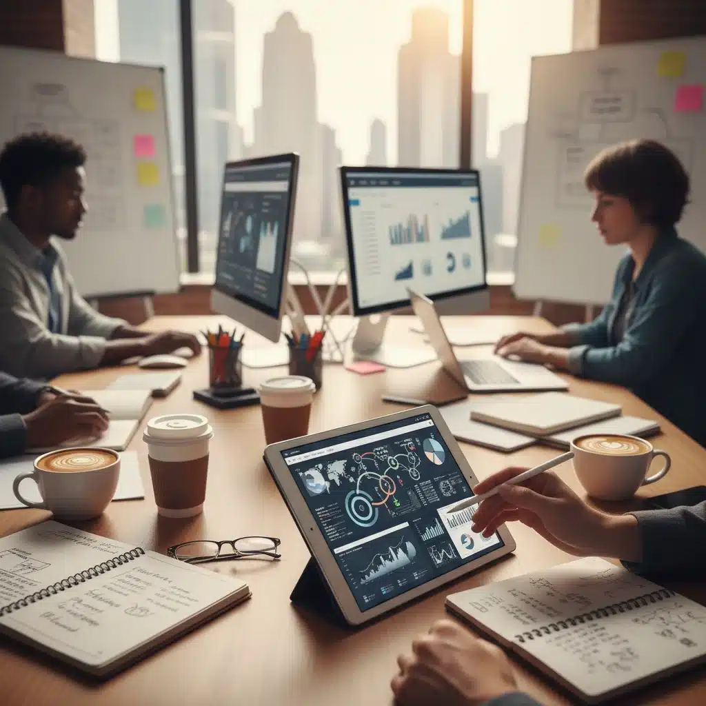 Manos analizando visualizaciones de datos complejas en una tablet, representando el trabajo de investigación en periodismo de datos.