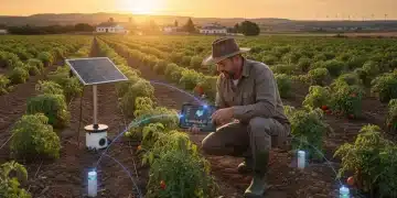 Agricultor español inspeccionando cultivos con sensores IoT avanzados al amanecer