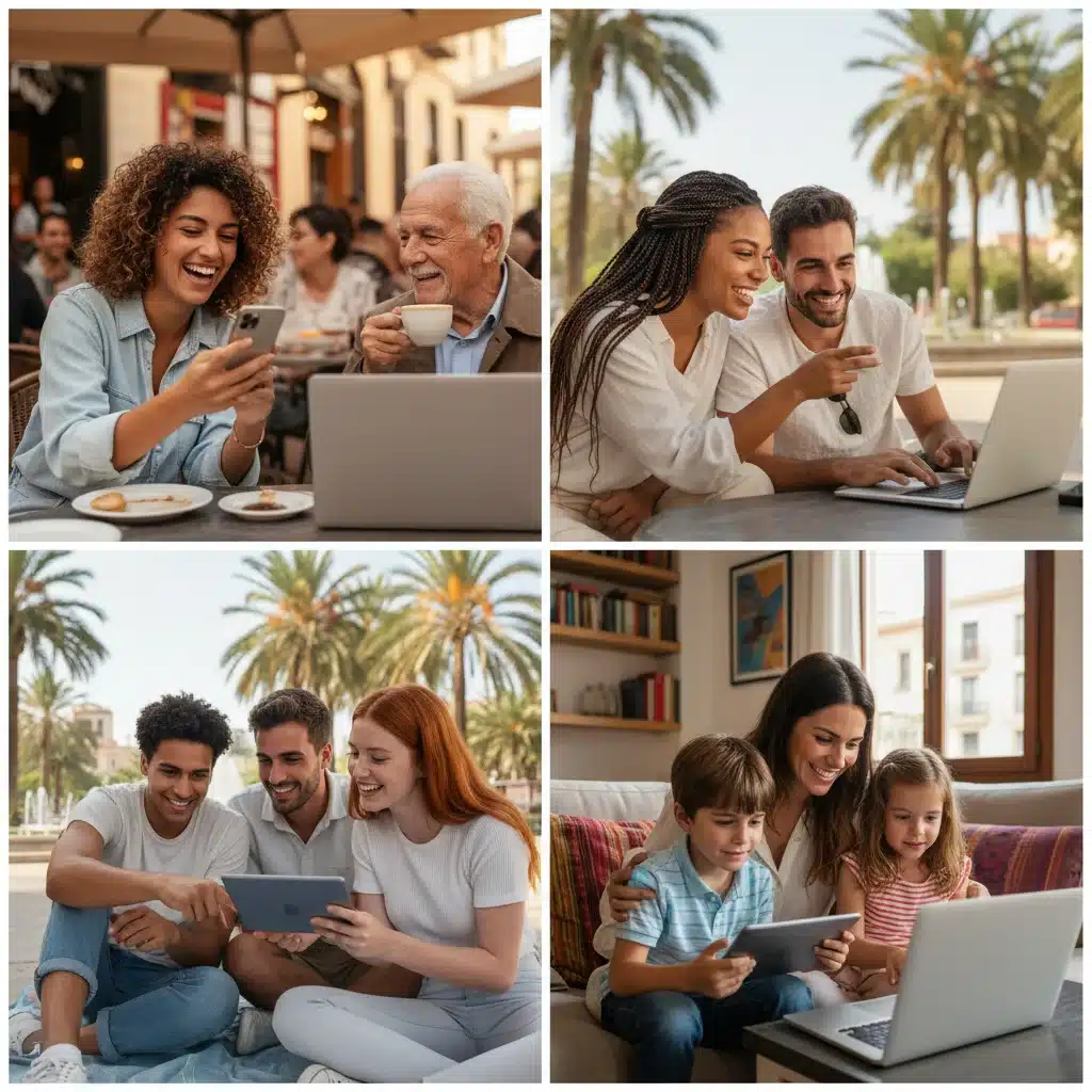 Audiencia española diversa interactuando con contenido digital en diferentes dispositivos.