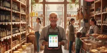 Comercio local español con gestión de inventario eficiente y tablet mostrando datos de stock.