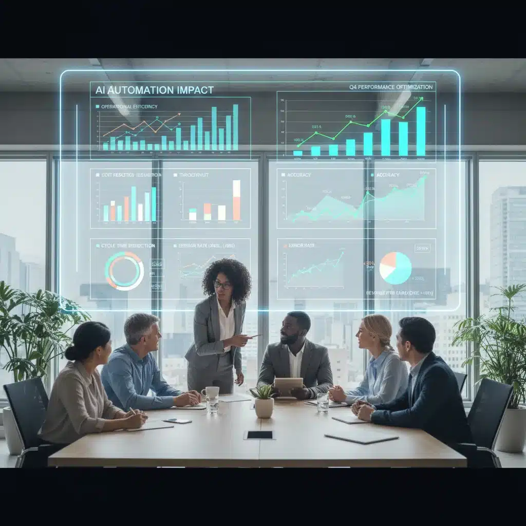 Panel de control con métricas de eficiencia y gráficos de tendencias ascendentes, mostrando el impacto positivo de la automatización por IA en el rendimiento operativo.