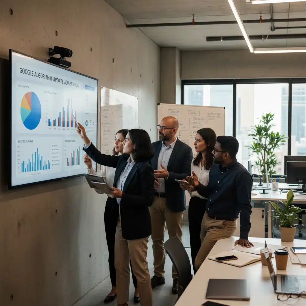 Profesionales de marketing digital colaborando en estrategias SEO para el nuevo algoritmo de Google.