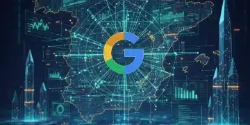 Paisaje digital futurista con logo de Google y gráficos de datos interconectados, representando el futuro del SEO en España.