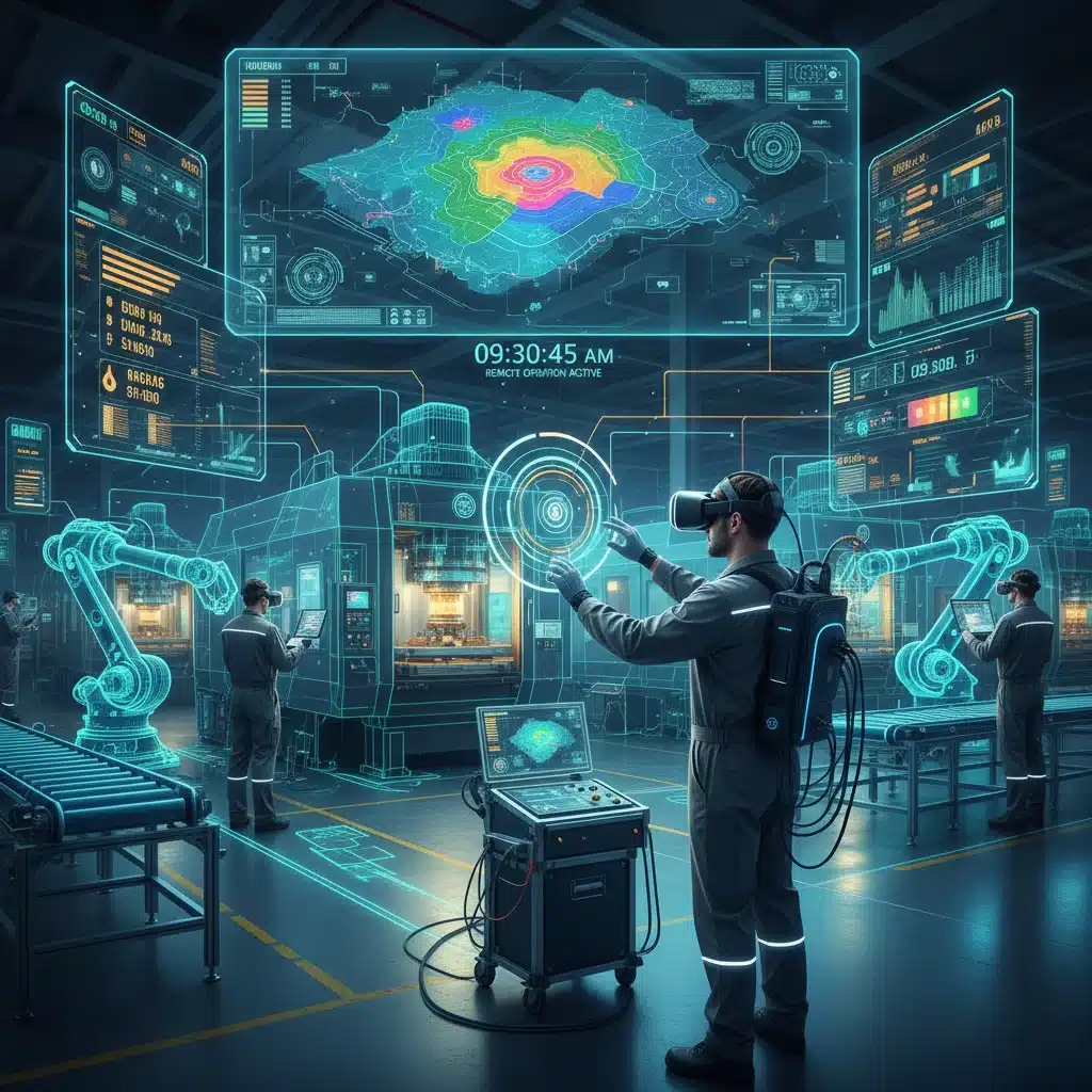 Gemelo digital de una fábrica con datos en tiempo real y operario interactuando con gafas de realidad virtual.