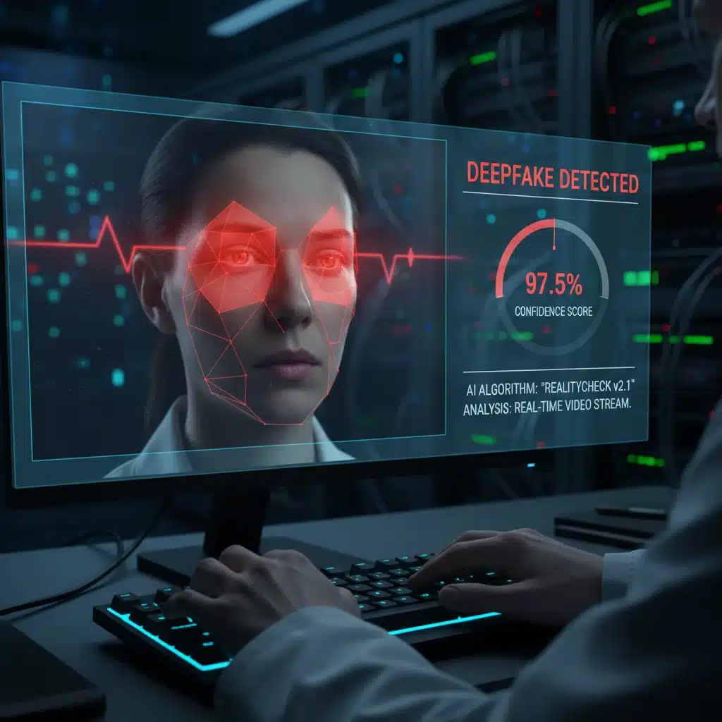 Algoritmo de IA detectando contenido deepfake en un video, mostrando las áreas manipuladas para verificación de hechos.