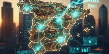 Interfaz de inteligencia artificial superpuesta en un mapa de España, simbolizando la eficiencia operativa y el crecimiento empresarial impulsado por la IA en 2026.