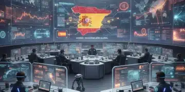 Periodistas españoles utilizando herramientas de IA avanzada para la investigación en una redacción moderna.