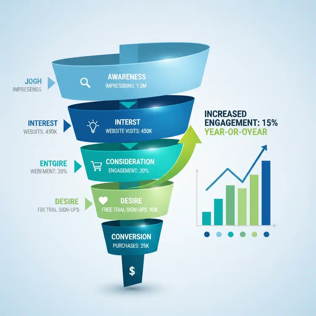 Infografía de embudo de engagement mostrando un aumento del 15% en la interacción del cliente.