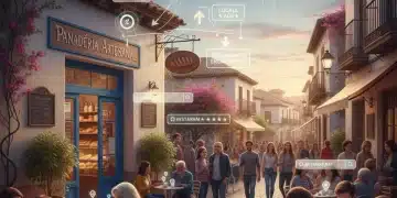Fachada de un negocio local español con elementos digitales flotando, representando estrategias de marketing digital para pymes.