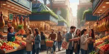 Mercado español vibrante con consumidores y tecnología, reflejando tendencias futuras.