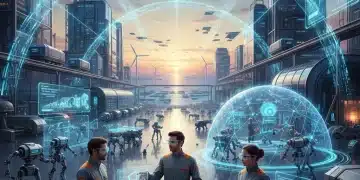 Ingenieros colaborando en un entorno de Metaverso Industrial con hologramas y robots en una fábrica española.