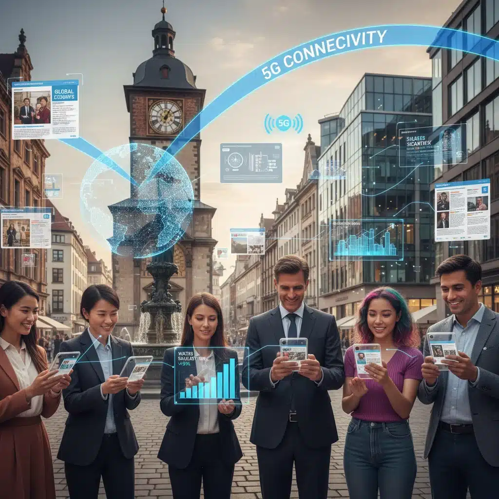 Personas interactuando con noticias a través de realidad aumentada en sus teléfonos, potenciado por 5G.