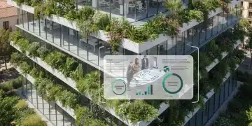 Oficina moderna y sostenible en España, con profesionales colaborando en estrategias de sostenibilidad.