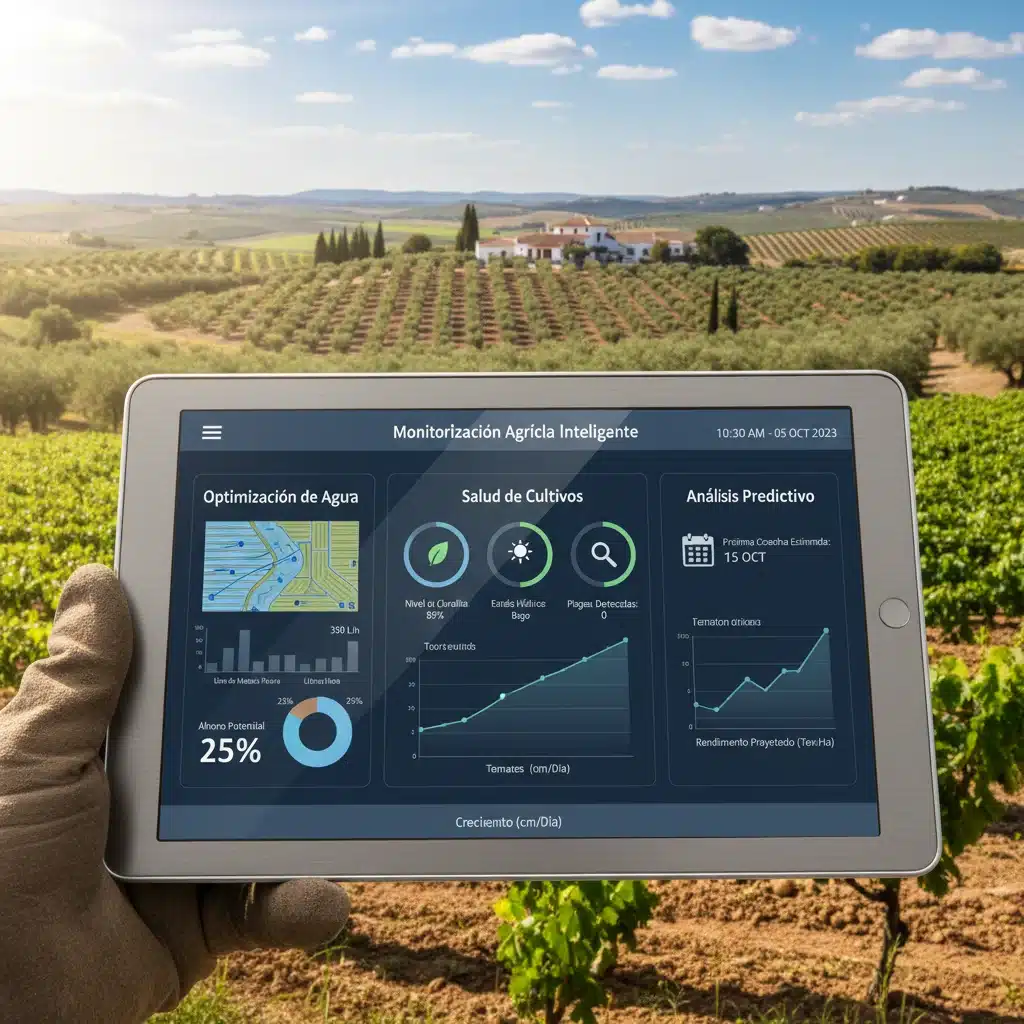 Panel de control digital con datos en tiempo real de sensores IoT para gestión agrícola