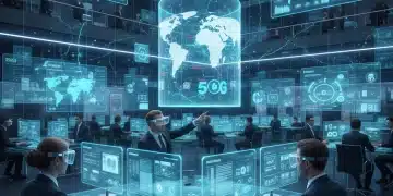 Periodistas en una sala de redacción futurista utilizando tecnología 5G para narrativas inmersivas en 2026.