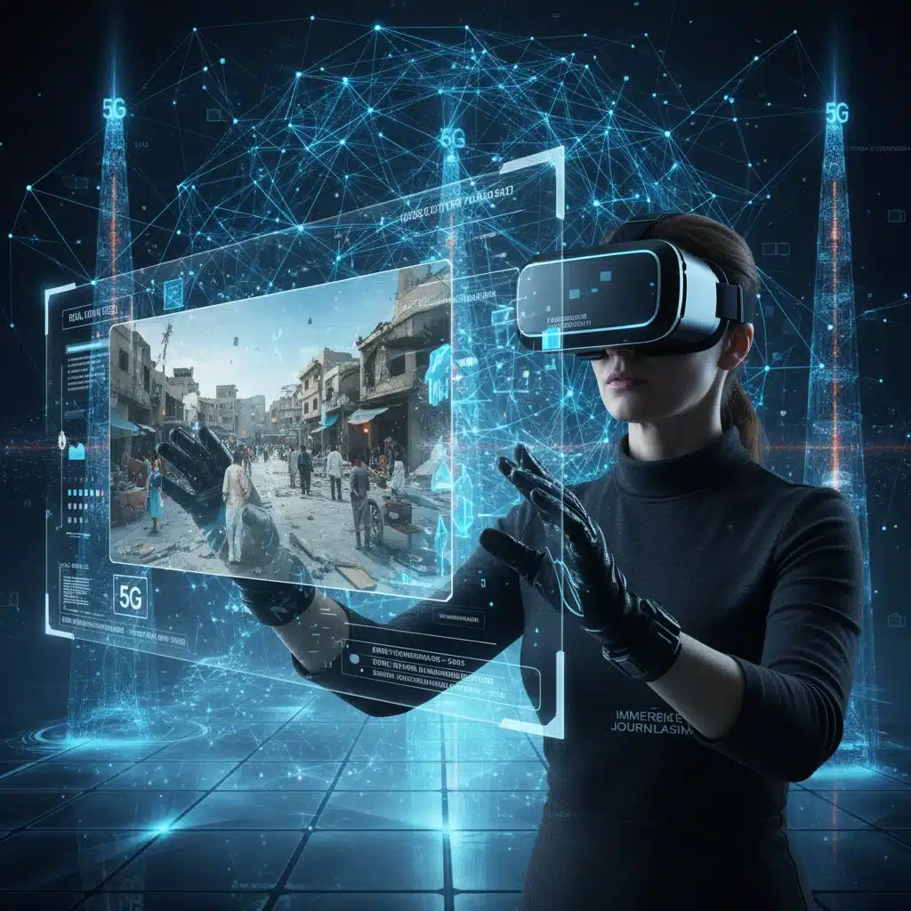 Periodista con gafas de realidad virtual explorando una recreación de noticias inmersiva gracias al 5G.