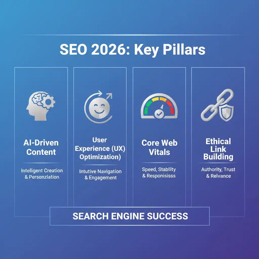 Infografía detallada de los pilares clave del SEO en 2026: contenido IA, UX, Core Web Vitals y link building ético.