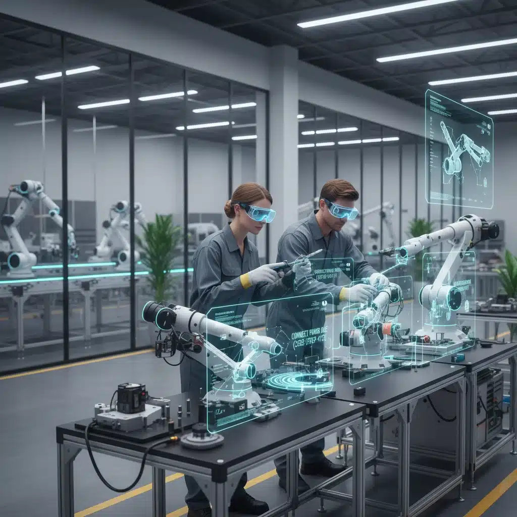 Trabajadores utilizando gafas de realidad aumentada para guiar el montaje de componentes en una línea de producción.