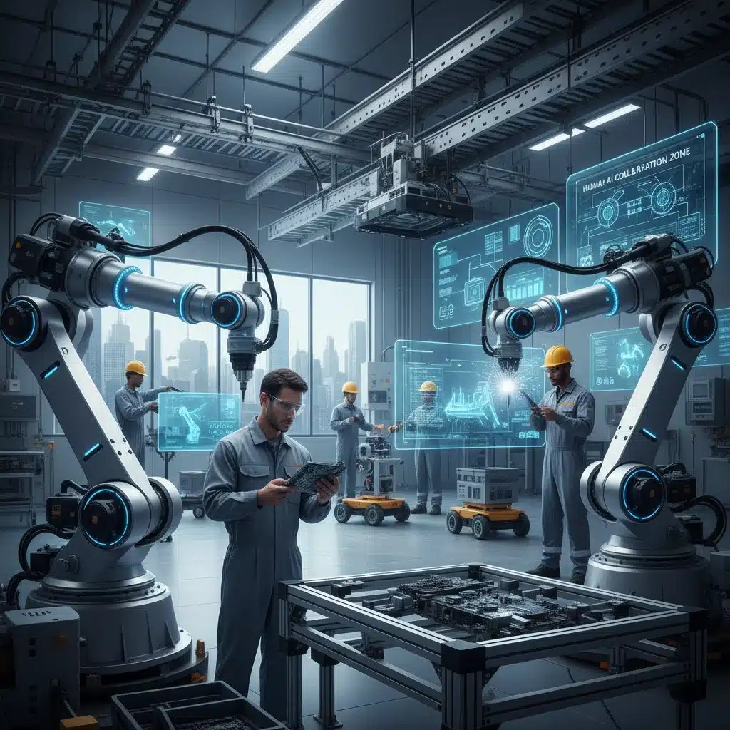 Brazos robóticos colaborando con trabajadores humanos en una fábrica, demostrando la automatización avanzada y la robótica colaborativa en la industria.