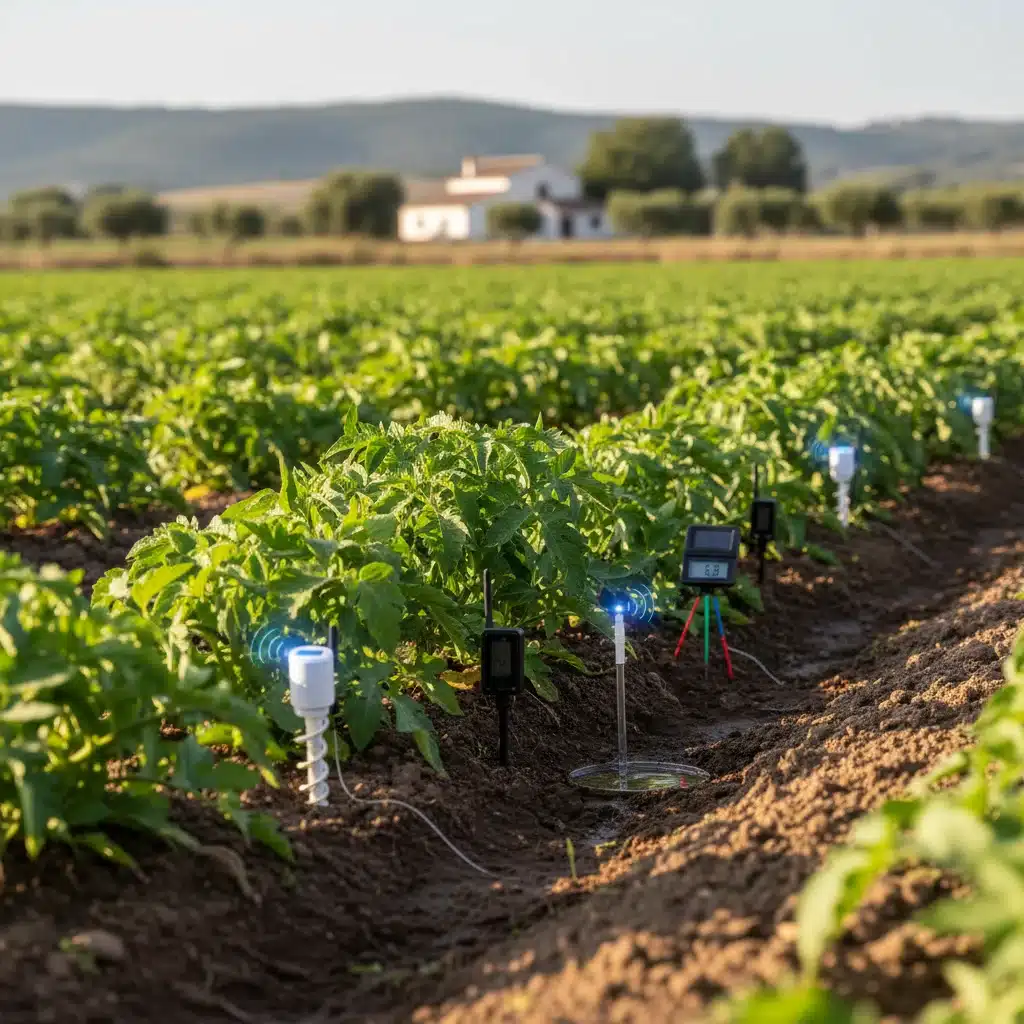 Detalle de sensores IoT midiendo parámetros clave del suelo en un cultivo
