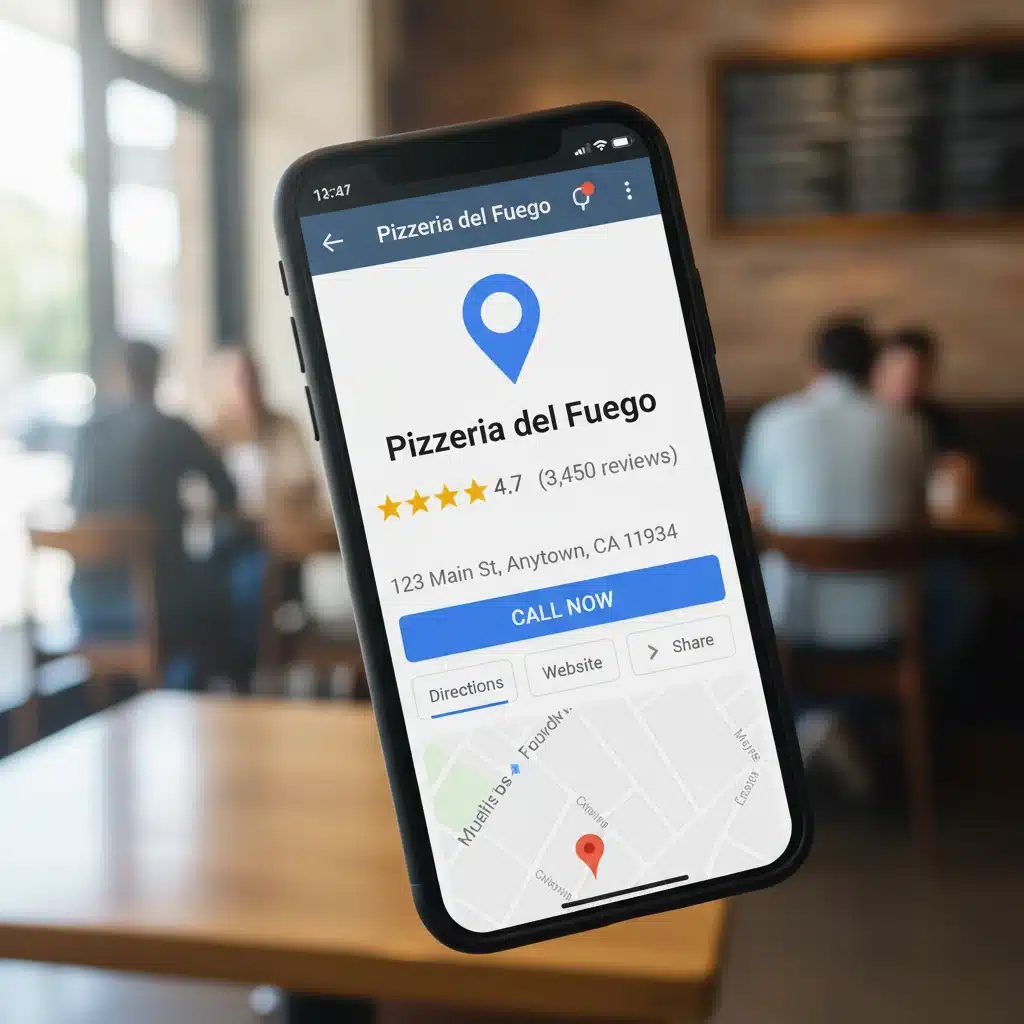 Pantalla de smartphone con resultados de búsqueda local en Google Maps, destacando un negocio con buenas valoraciones.