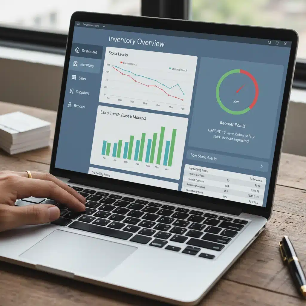 Interfaz de software de gestión de inventario con gráficos y datos de stock.
