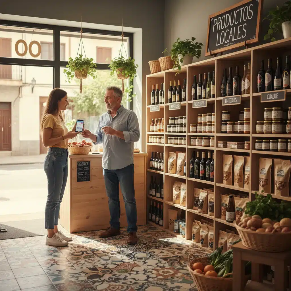 Pequeña tienda local española con cliente pagando con móvil y productos sostenibles.