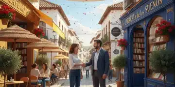 Dos dueños de negocios locales en España cerrando una alianza estratégica con un apretón de manos.