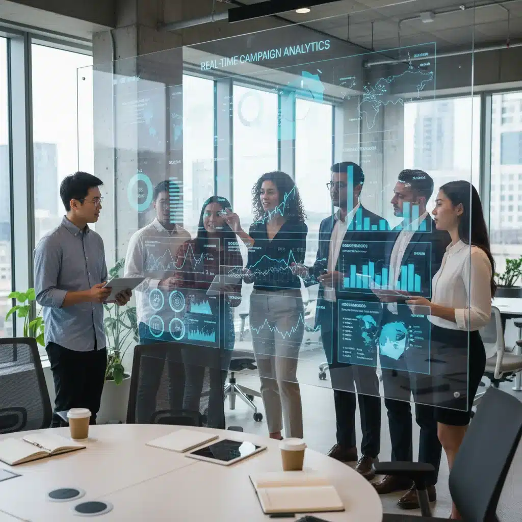 Equipo de marketing analizando datos de rendimiento de campañas publicitarias programáticas en tiempo real.