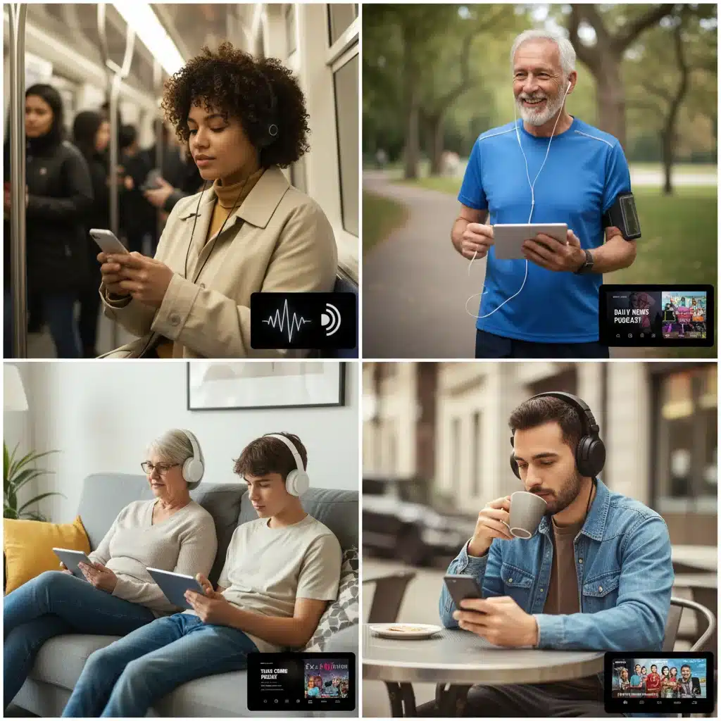 Audiencia diversa escuchando podcasts en dispositivos móviles en diferentes entornos cotidianos.