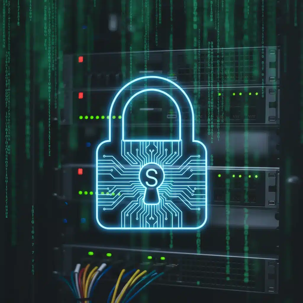 Candado digital sobre servidores de datos, representando cifrado y seguridad de la información