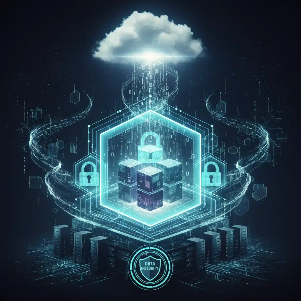 Representación gráfica de datos cifrados y almacenamiento seguro en la nube, simbolizando la protección de información sensible.