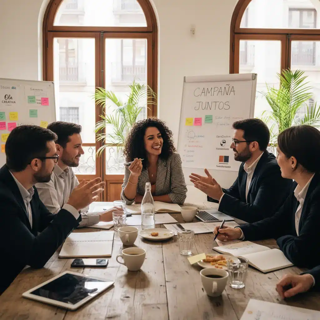 Equipo de profesionales de negocios locales colaborando en una estrategia de marketing conjunta.