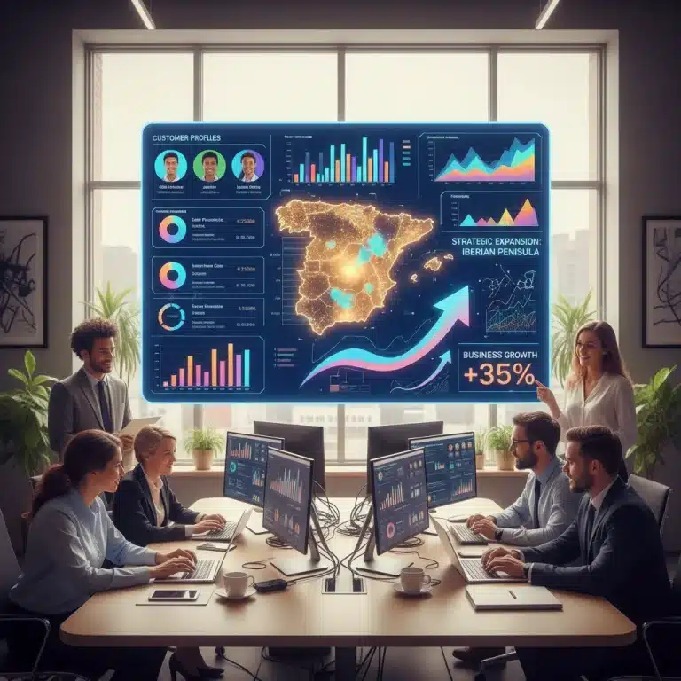Panel de control CRM digital con datos de clientes y gráficos de crecimiento en España