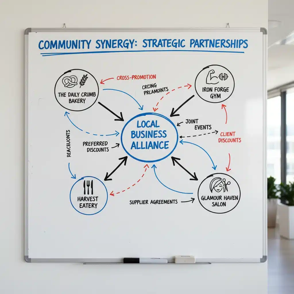 Diagrama de red de alianzas estratégicas entre diversos negocios locales.