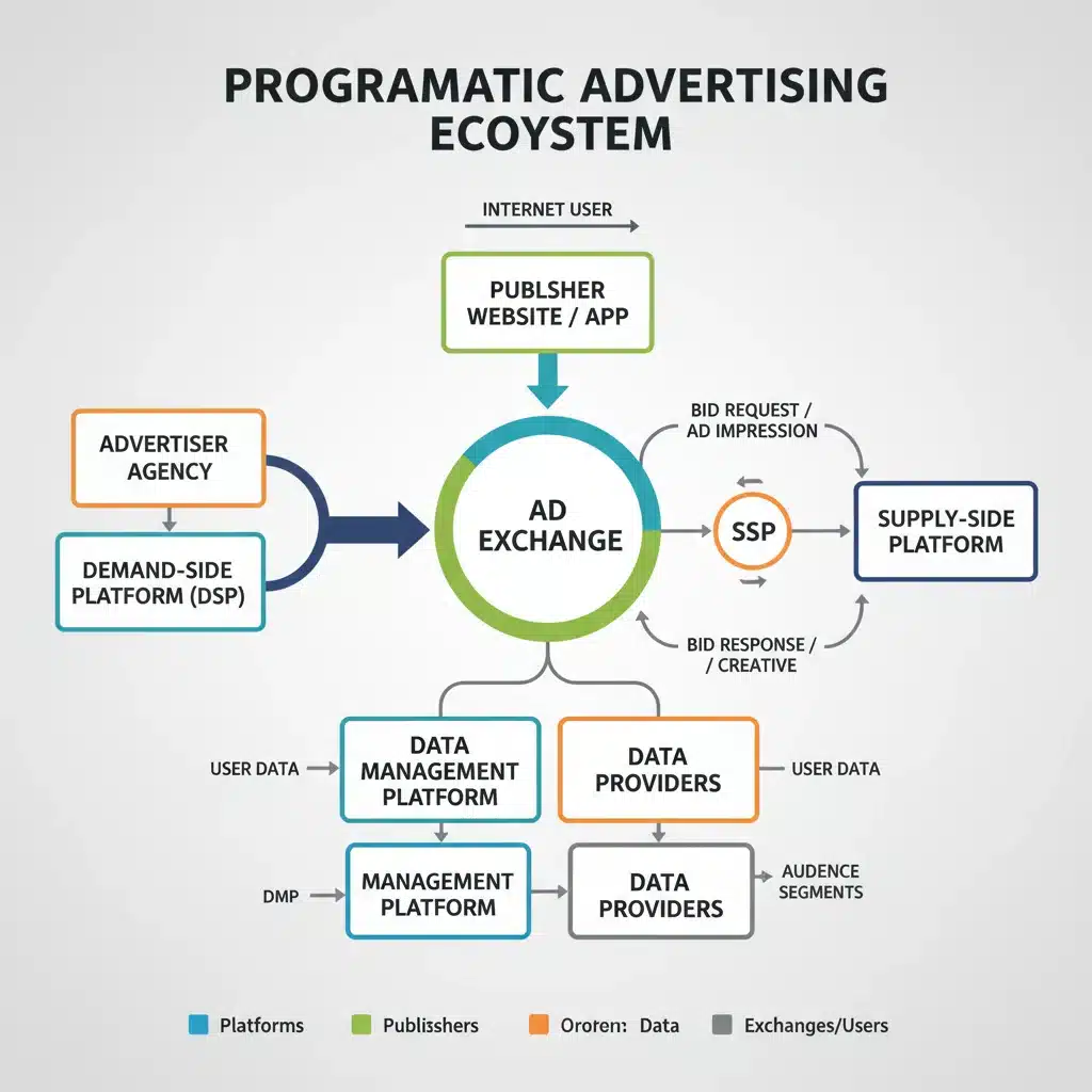 Diagrama del ecosistema de la publicidad programática mostrando la interconexión de DSP, SSP y otras plataformas.
