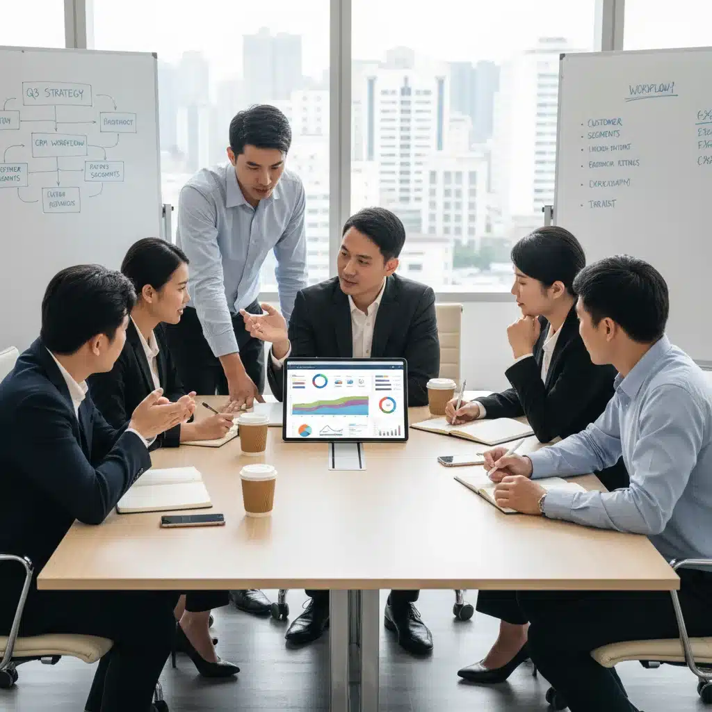 Equipo de trabajo colaborando con un sistema CRM digital para optimizar la gestión de clientes