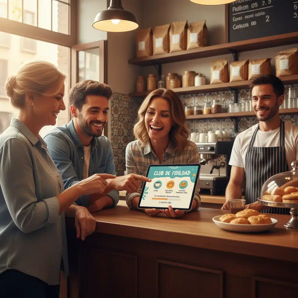 Clientes utilizando programa de fidelidad digital en una cafetería española.