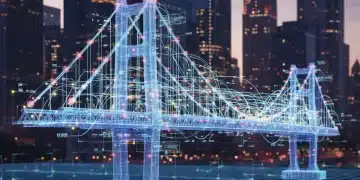 Gemelo digital detallado de un puente con datos en tiempo real, simbolizando la optimización de infraestructuras en España.