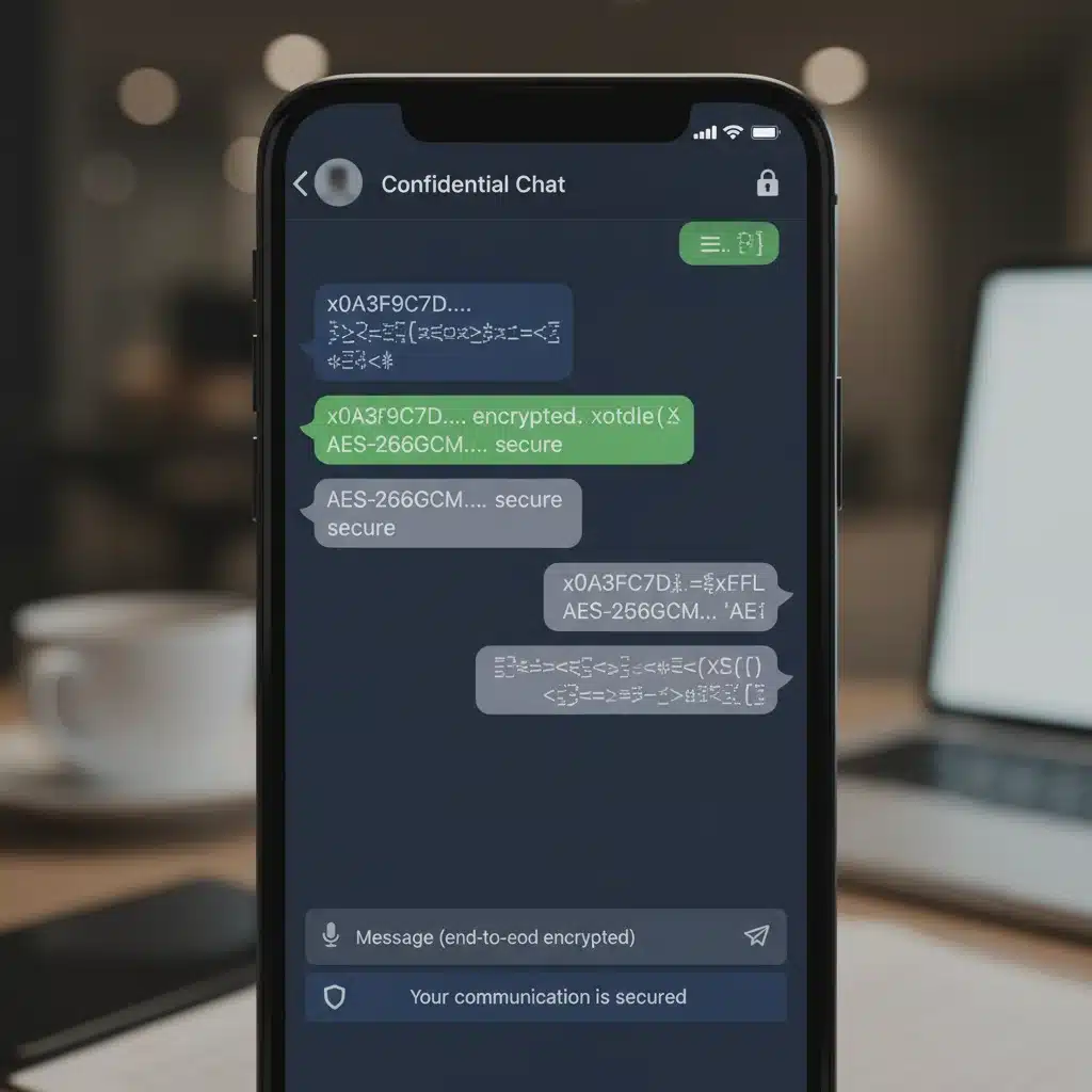 Interfaz de aplicación de mensajería cifrada como Signal en un smartphone, garantizando comunicaciones seguras.