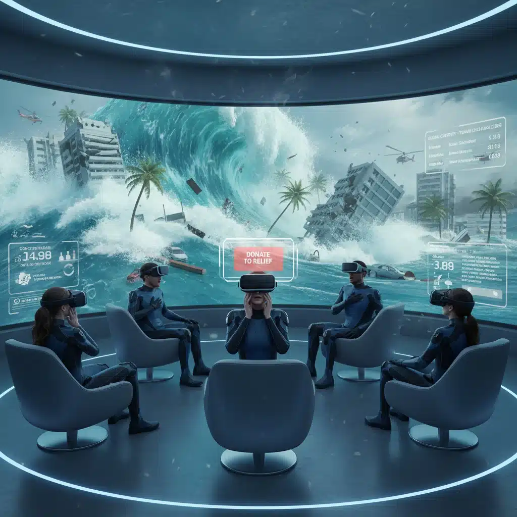 Personas experimentando una noticia inmersiva sobre un desastre natural a través de la realidad virtual.