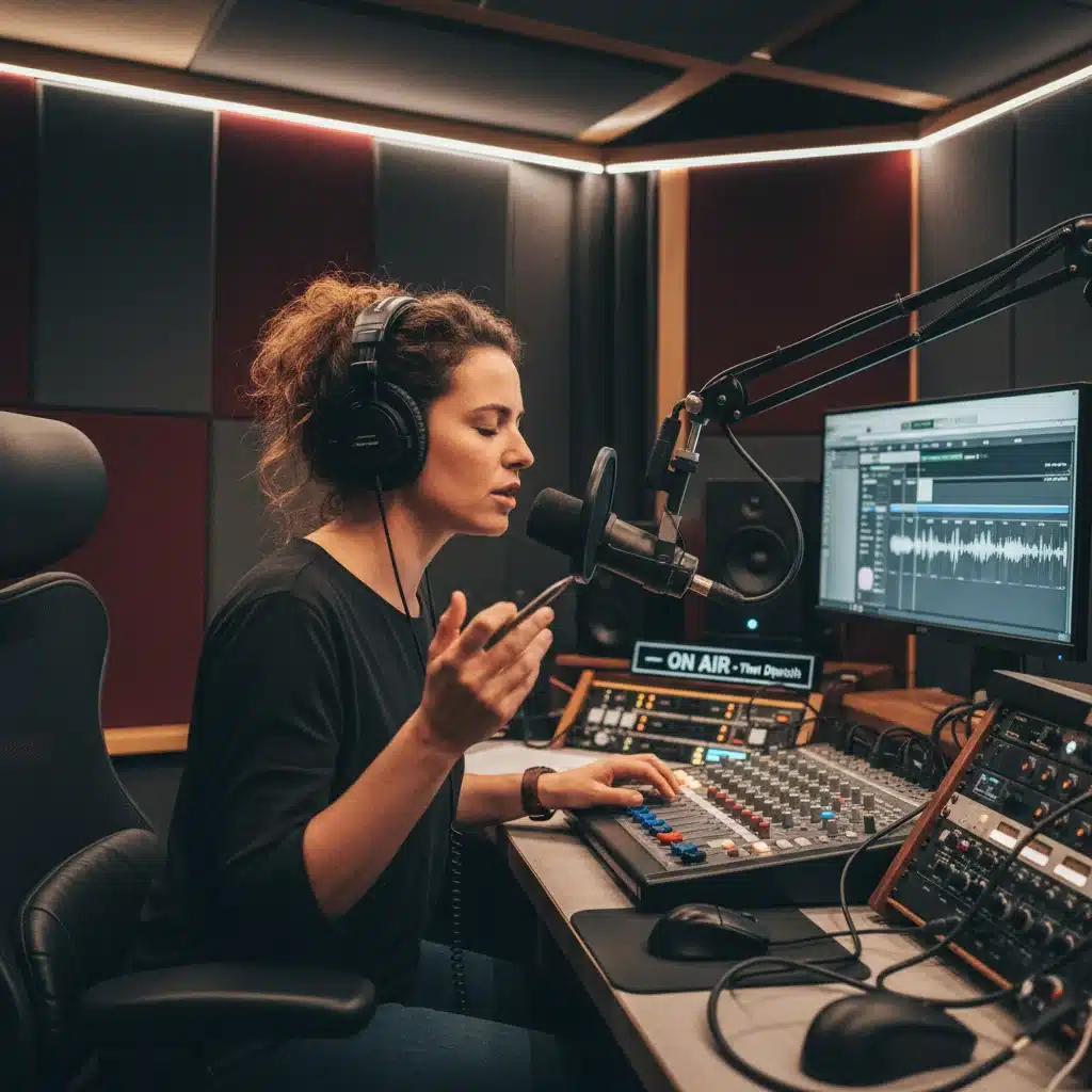Periodista grabando un podcast en un estudio profesional, concentrado y con auriculares.