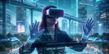 Periodista experimentando noticias con realidad virtual en España 2026, mostrando el futuro del periodismo inmersivo.