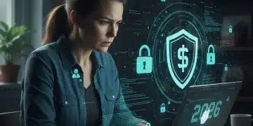 Periodista trabajando en un entorno seguro digitalmente, con iconos de ciberseguridad alrededor.